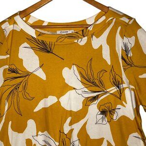 Chicos Mustard Yellow White Floral Short Sleeve Size XXL (4) 100% Pima Cotton